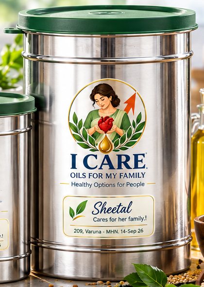 A large I Care stainless steel oil tin with a green lid and a personalised family label