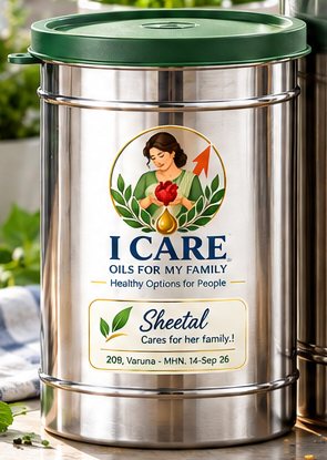 A small I Care stainless steel oil tin with a green lid and a personalised family label